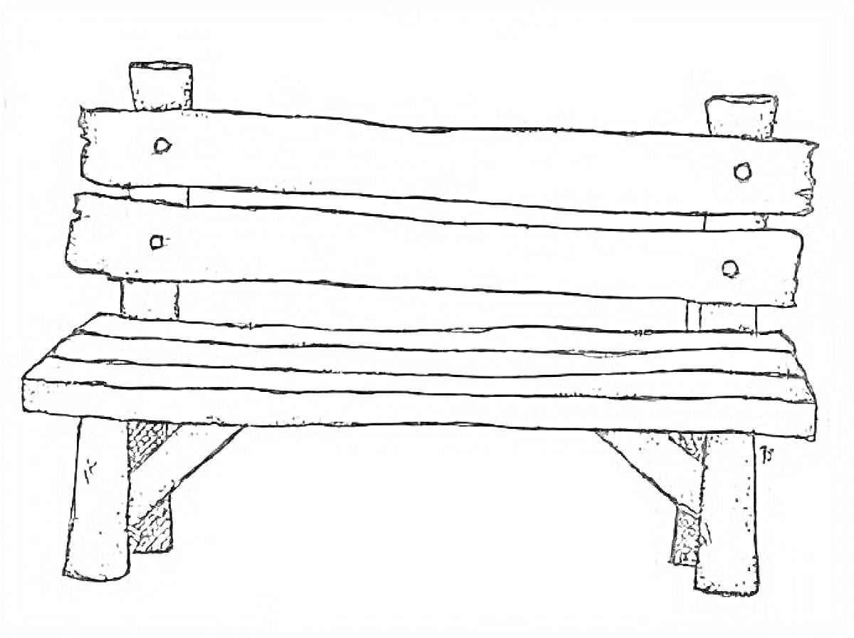Раскраска Деревянная скамейка с двумя горизонтальными планками спинки и четырьмя ножками