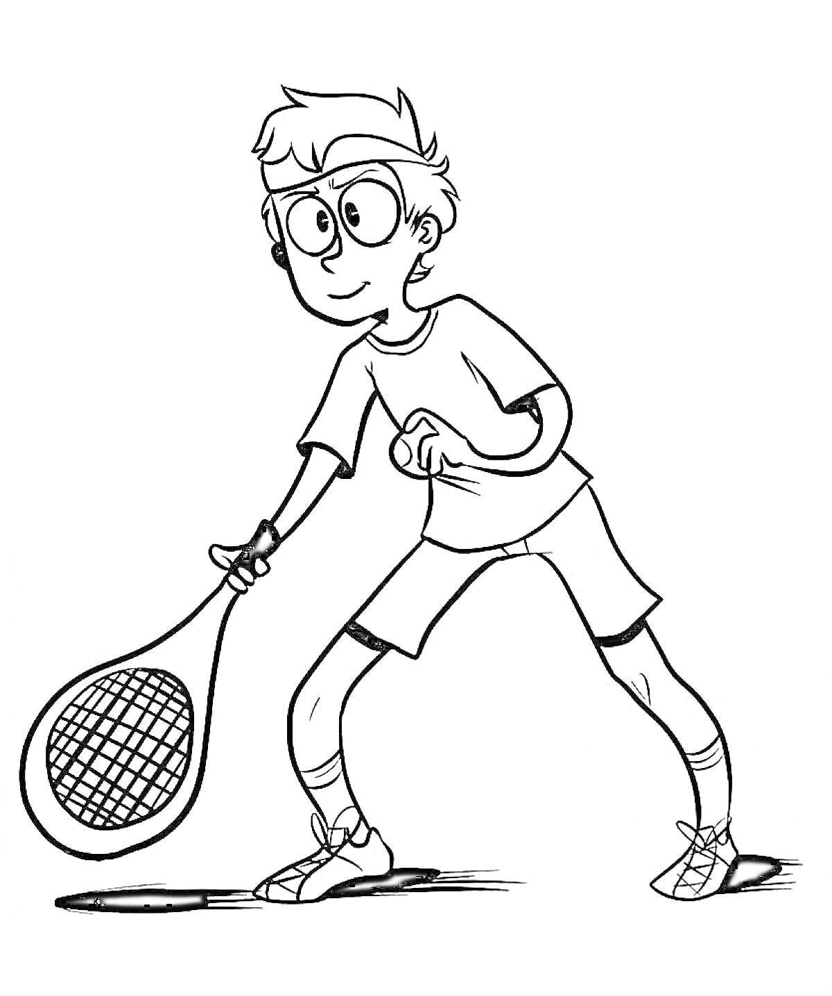 Раскраска Мальчик с теннисной ракеткой и мячом