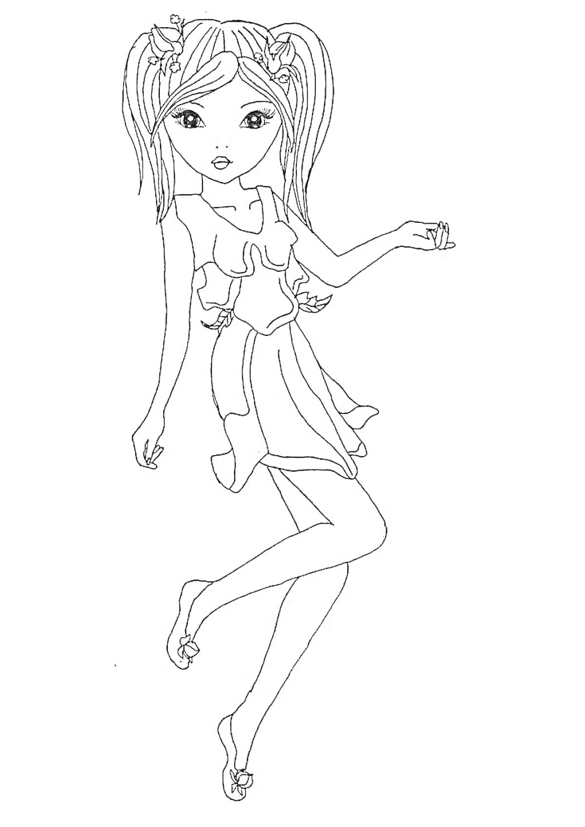 Раскраска Девушка с длинными волосами, в платье, босиком, руки в стороны