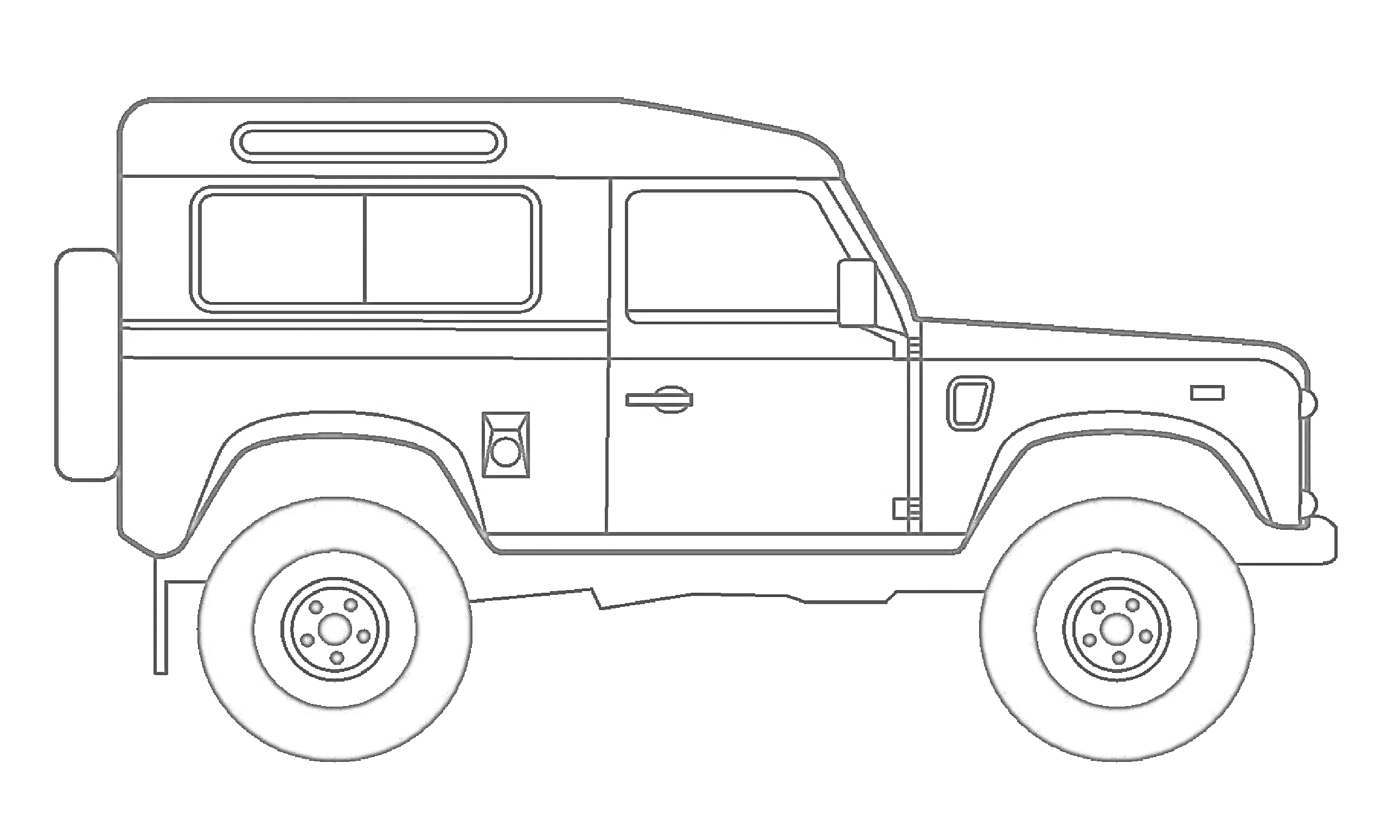 Раскраска боковая проекция внедорожника с крупными колёсами и запаской