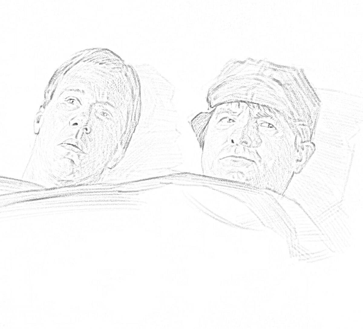 Раскраска Два лежащих человека близко друг к другу, один в шапке.