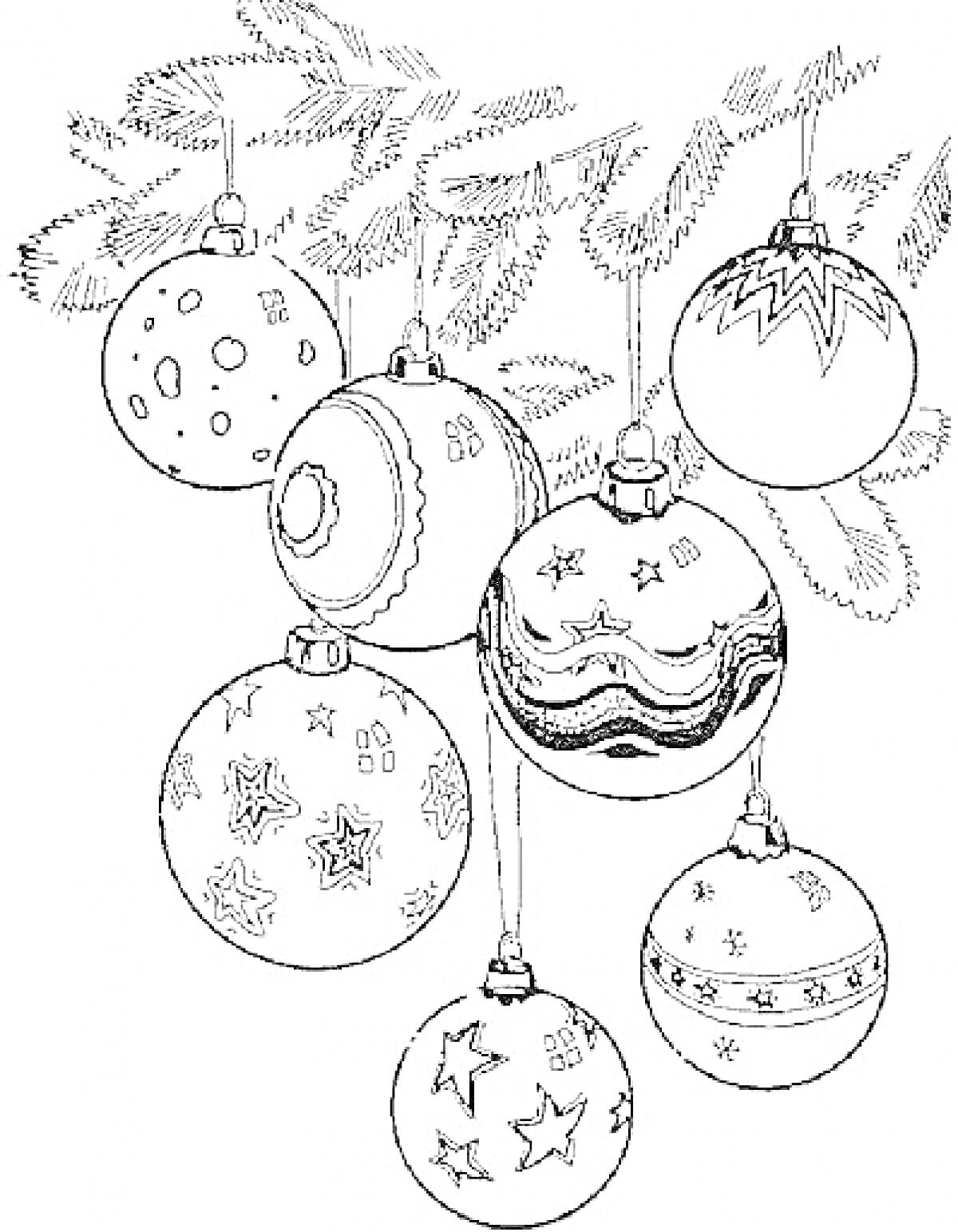 Новогодние шары на ёлочных ветках с различными узорами - звезды, полосы, точки, зигзаги