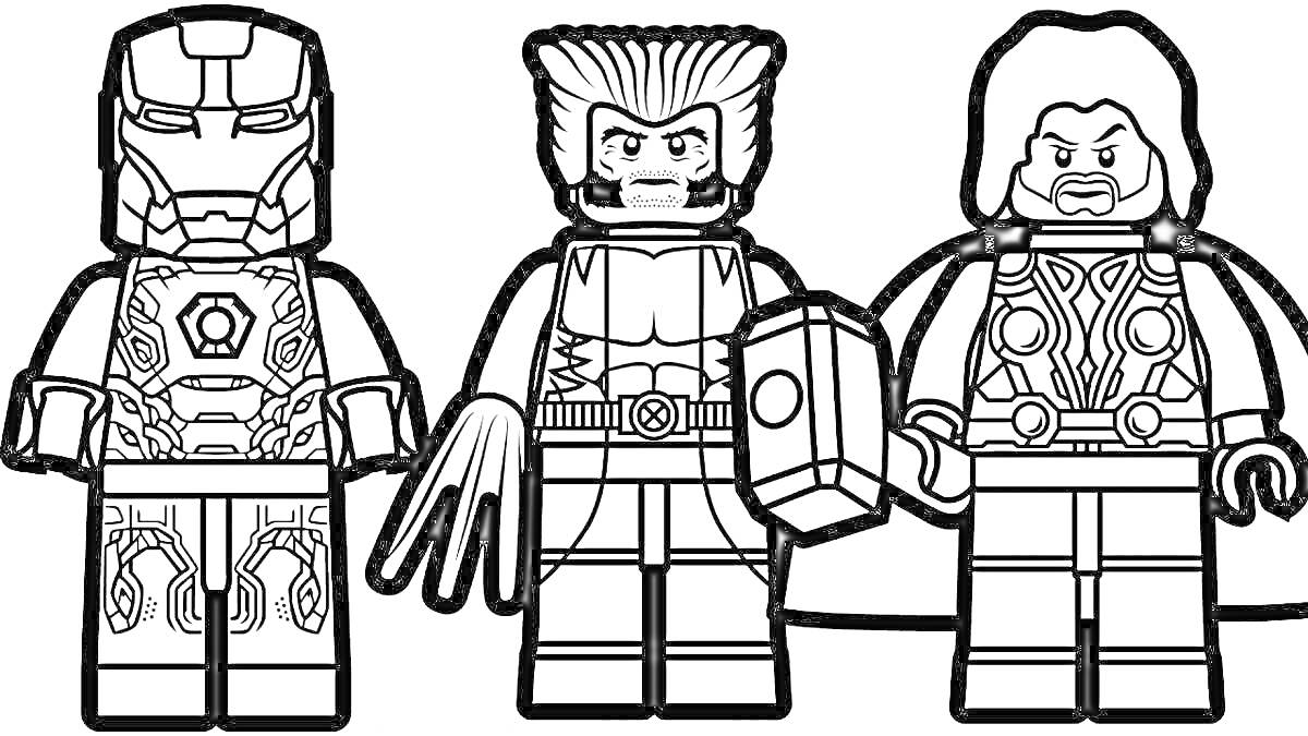 На раскраске изображено: Лего, Мстители, Супергерои, Железный человек, Росомаха, Тор, Молот