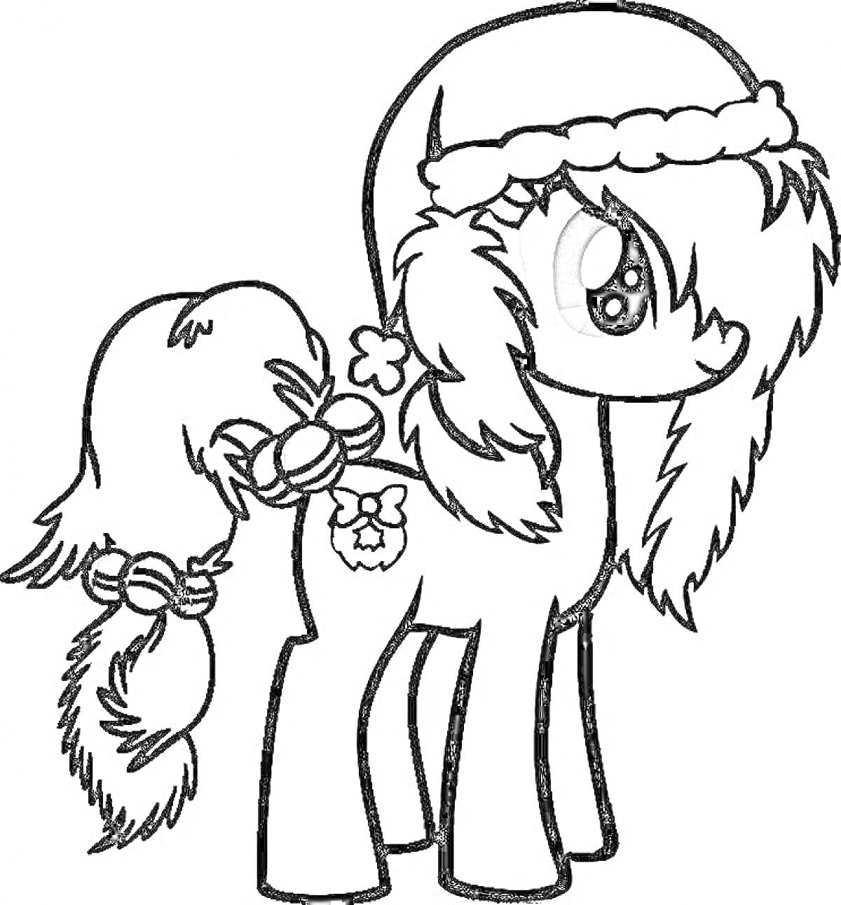 На раскраске изображено: Пони, Новогодняя шапка, Украшения, Хвост, Новый год