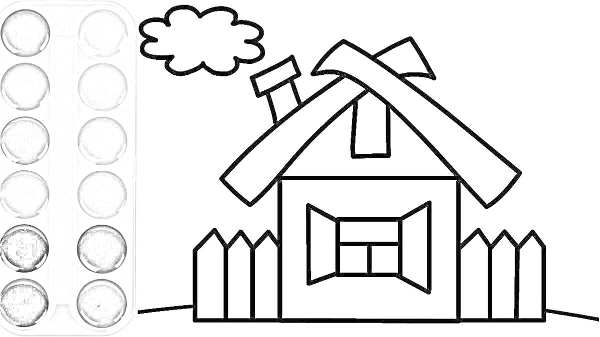 На раскраске изображено: Домик, Забор, Для детей, 2-3 года, Дом, Крыша, Труба, Облака, Окна