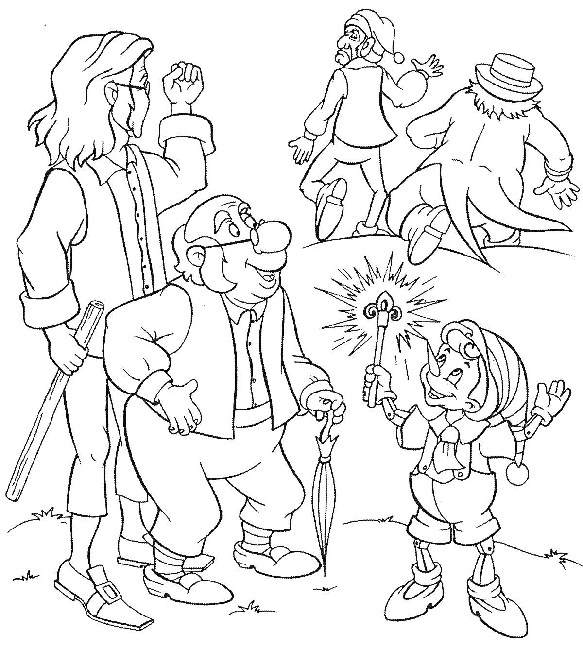 На раскраске изображено: Карабас Барабас, Зонт, Сказочные персонажи