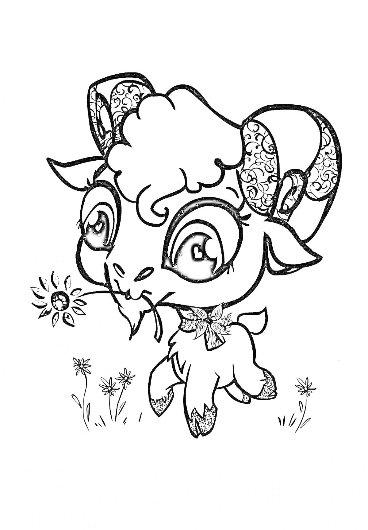 Раскраска Милый козленок с цветком в зубах, украшенными рогами, стоящий на лугу с цветами