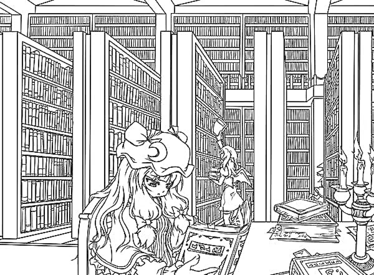 Раскраска Девушка читает книгу в библиотеке с полками, заполненными книгами, свечами, столом и второй фигурой вдалеке