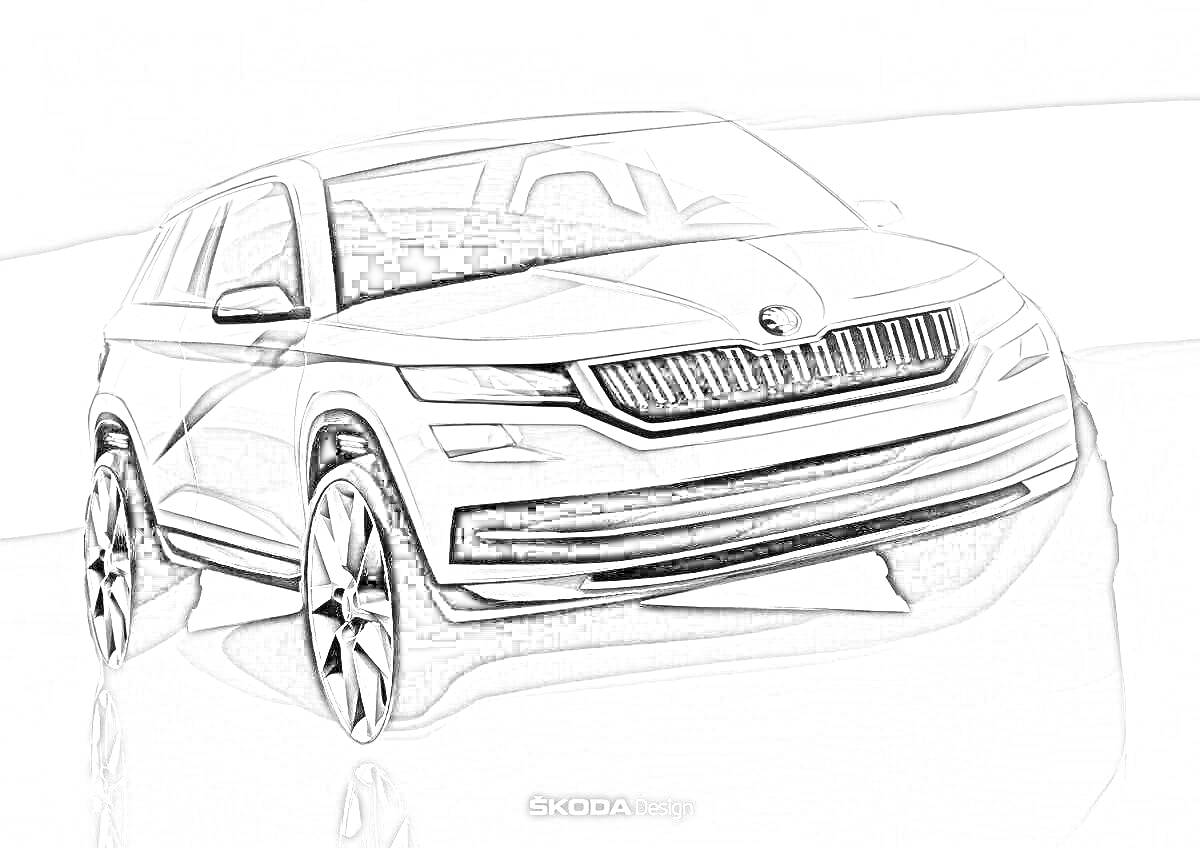 Раскраска Рисунок передней части автомобиля Skoda Kodiaq с фарами и решеткой радиатора