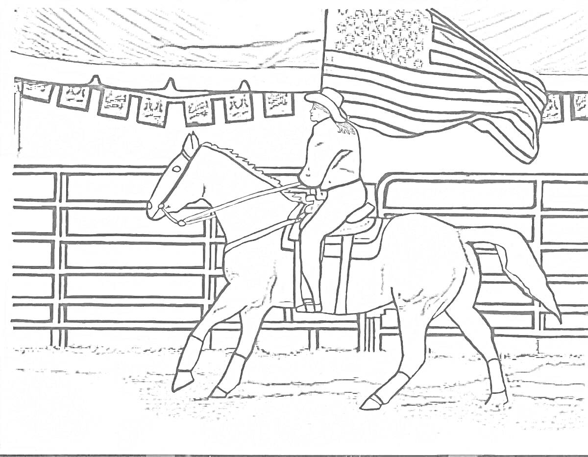 На раскраске изображено: Лошадь, Всадник, Арена, Забор, Американский флаг, Езда, Скачки, Конюшня
