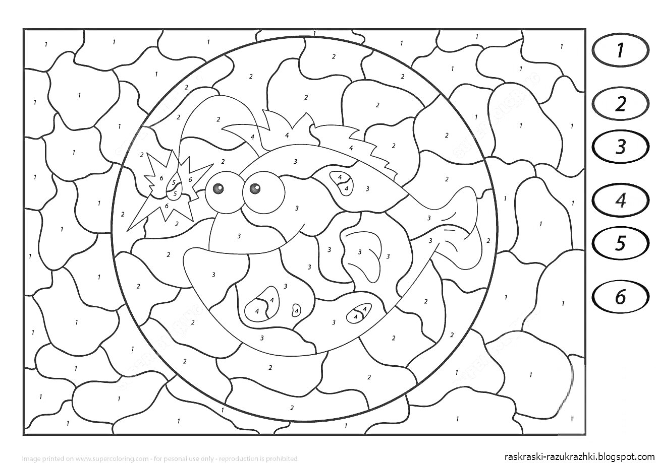 Раскраска Раскраска по номерам с изображением рыбы в круге на фоне морских камней.