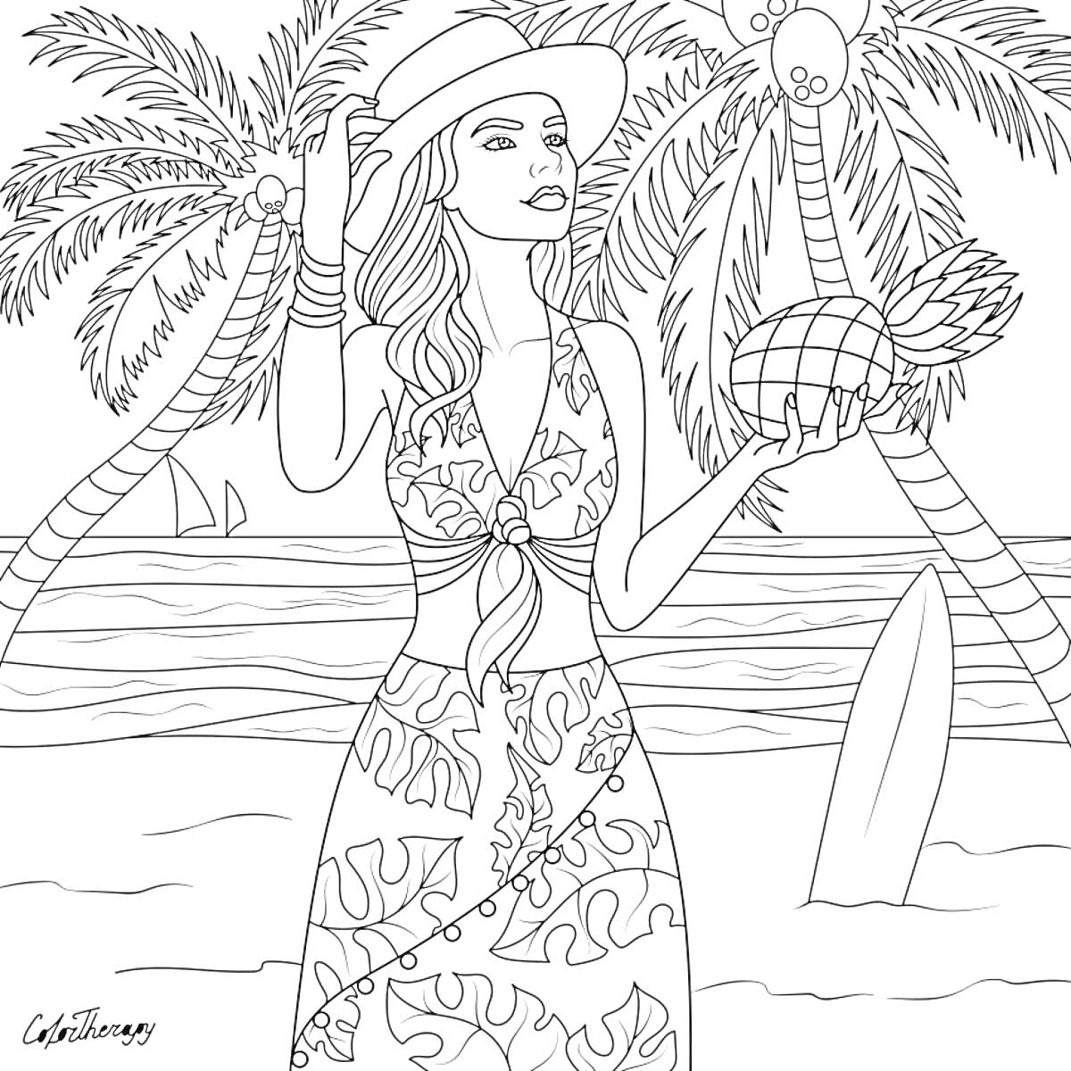 Раскраска Барби на пляже с ананасом на фоне пальм, моря и доски для сёрфинга