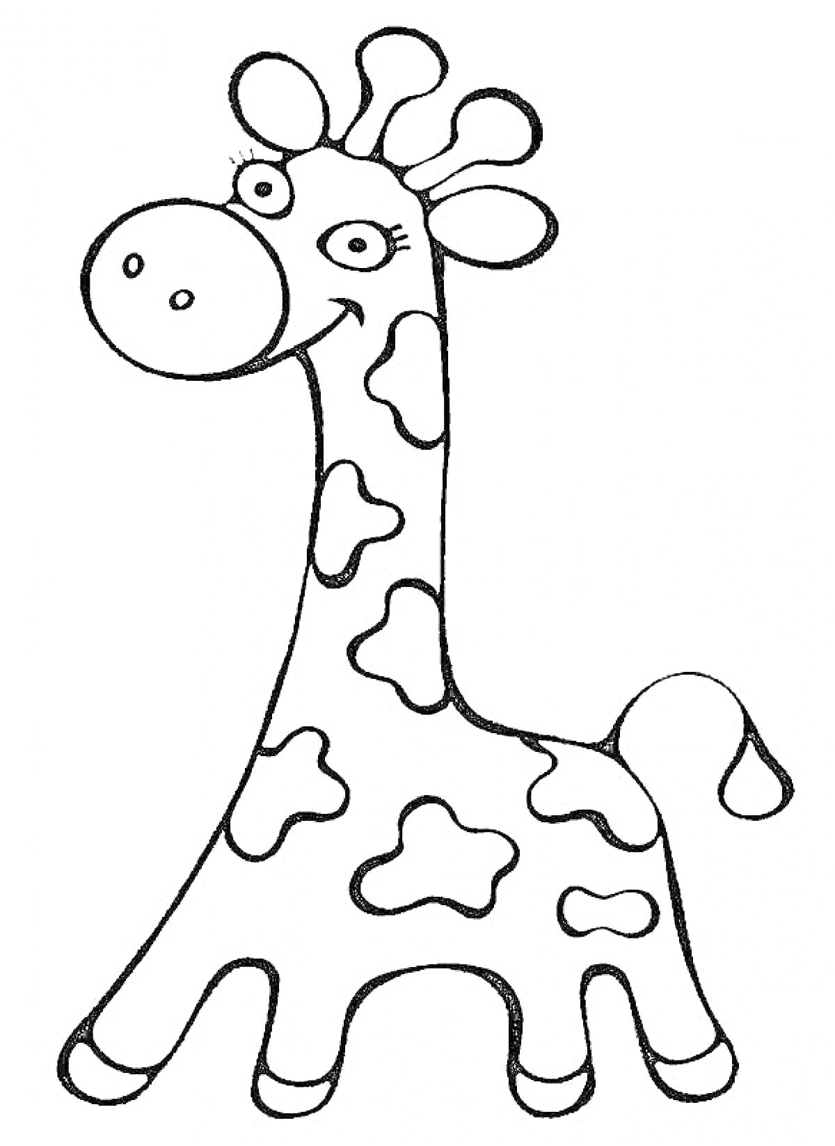 Раскраска Жираф с пятнами, улыбающееся лицо, уши и рога