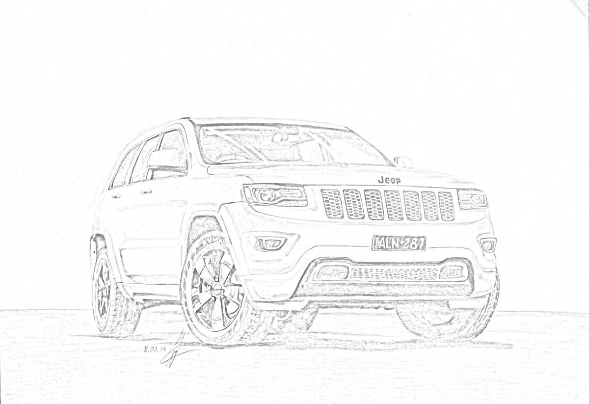 Раскраска Рисунок белого внедорожника Grand Cherokee с черными колесами на сером фоне