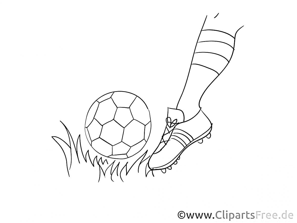 На раскраске изображено: Футбол, Футбольная форма, Бутсы, Гетры, Трава, Спорт