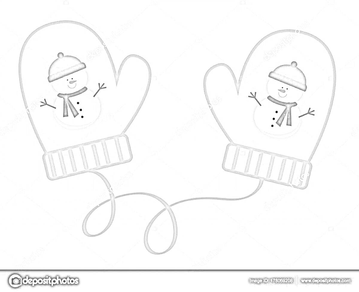 Раскраска варежки на резинке с изображениями снеговиков в шапках и с шарфами
