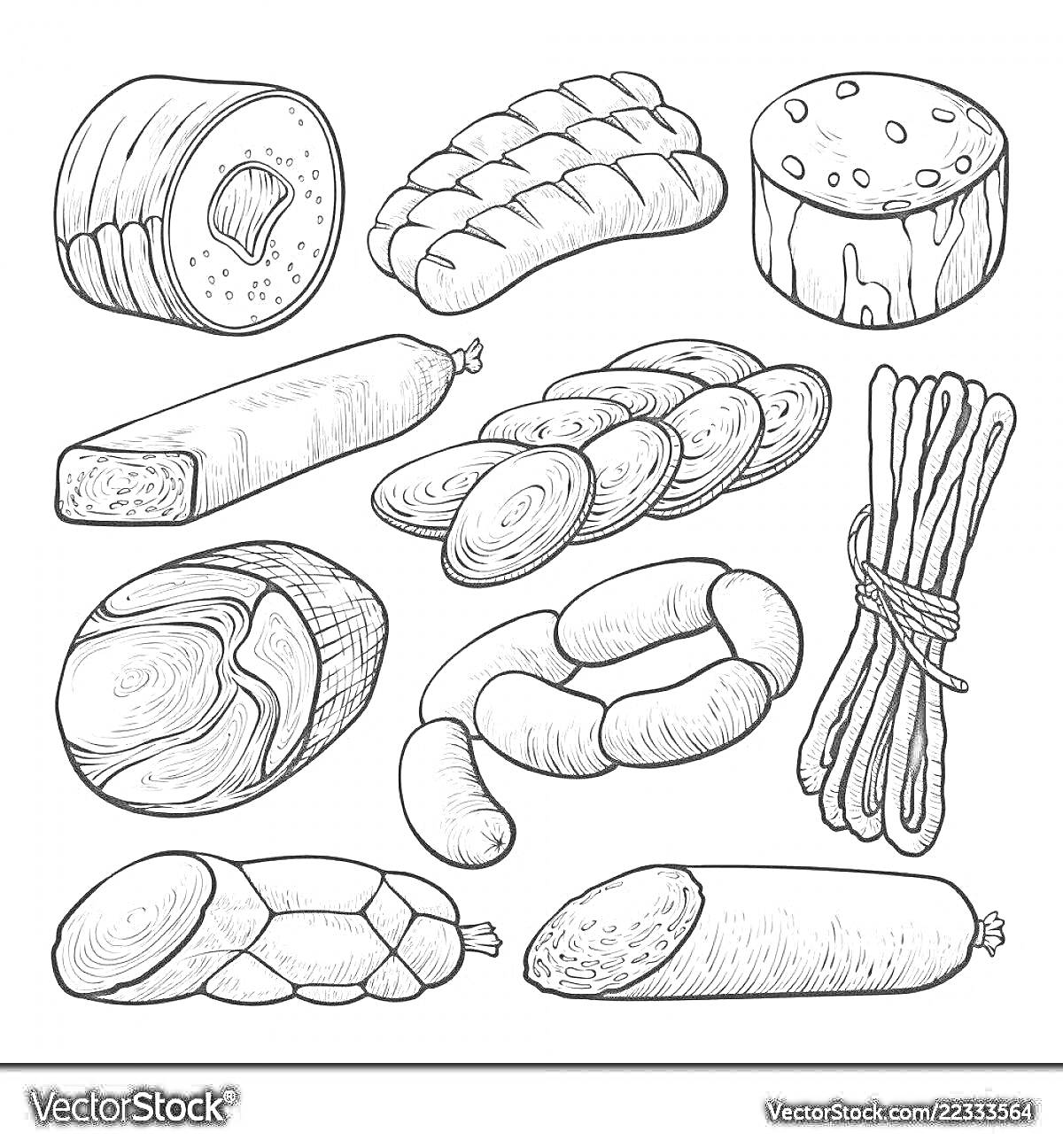 Раскраска Рисунок с разнообразными видами колбасы: нарезанная колбаса, колбасные батоны, колбасные связки, кусочки вареной колбасы, копченое мясо, сосиски в связке
