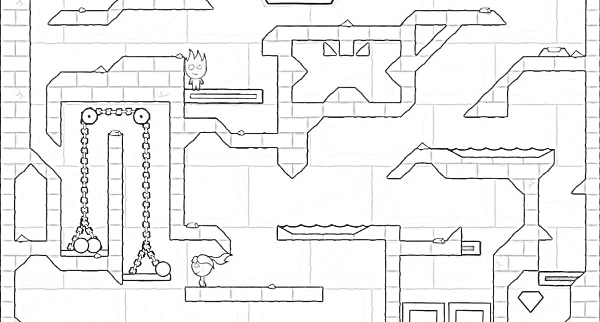 Раскраска Лабиринт с огненными и водными персонажами, платформами, цепями и ловушками