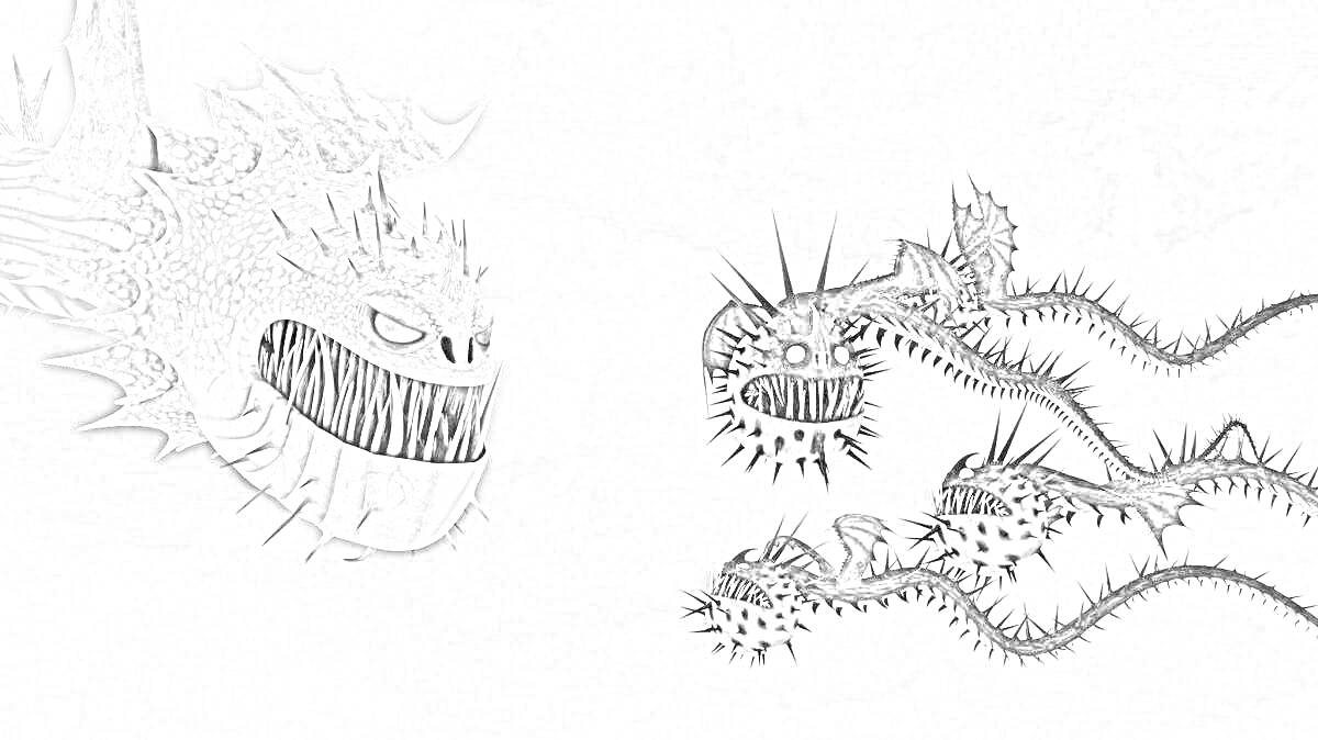 Раскраска Два дракона с ужасными зубами и шипами, при облаке на фоне