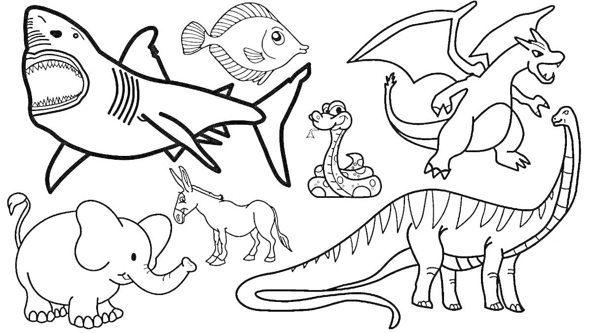 РаскраскаАквариумные и наземные животные в зоопарке с морским обитателем, динозавром и мифическим существом