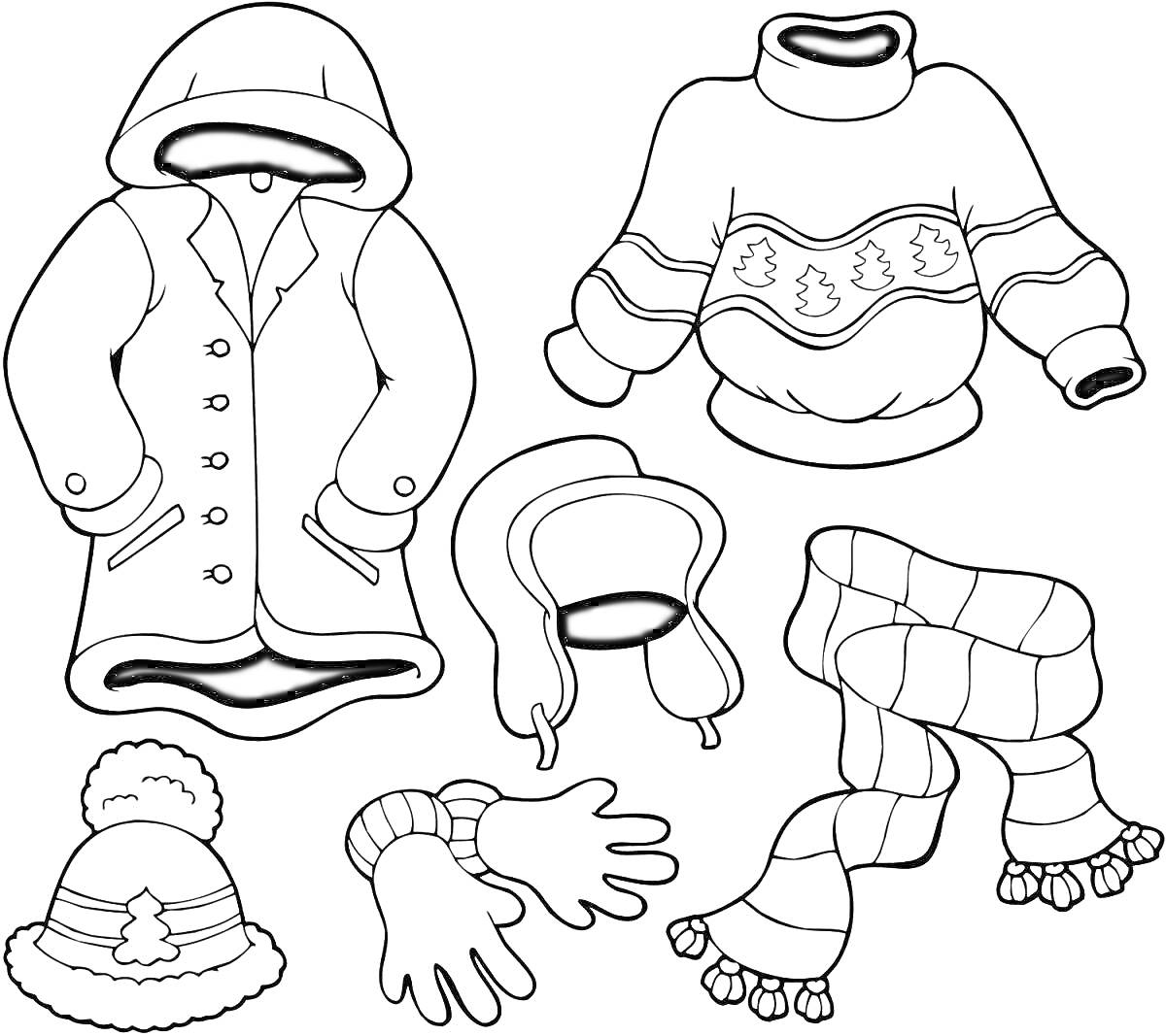Раскраска Раскраска с зимней одеждой для детей: пальто с капюшоном, свитер с узором, ушанка, шарф с кисточками, варежки, шапка с помпоном