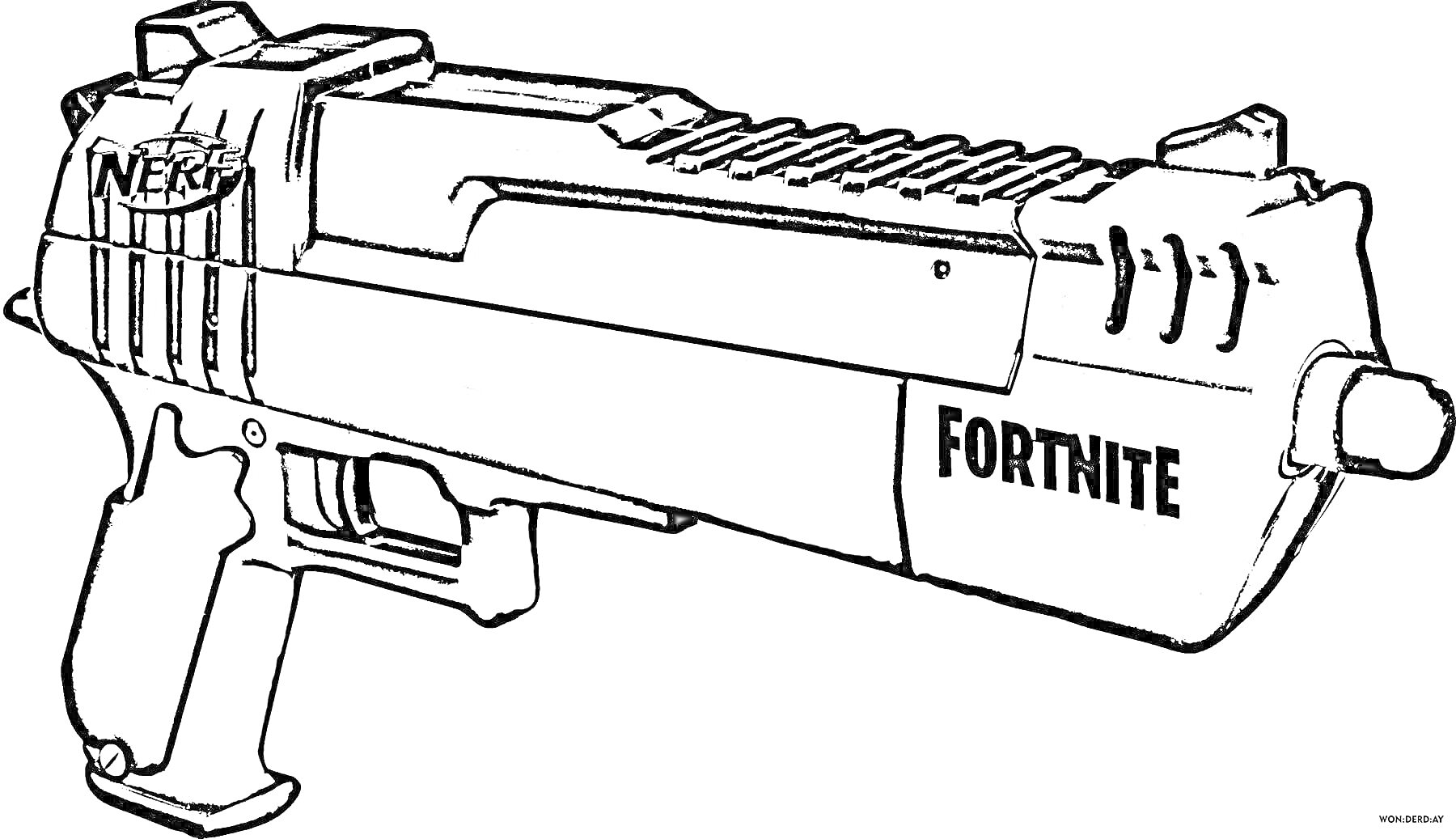 На раскраске изображено: Пистолет, Nerf, Fortnite, Оружие, Выстрелы