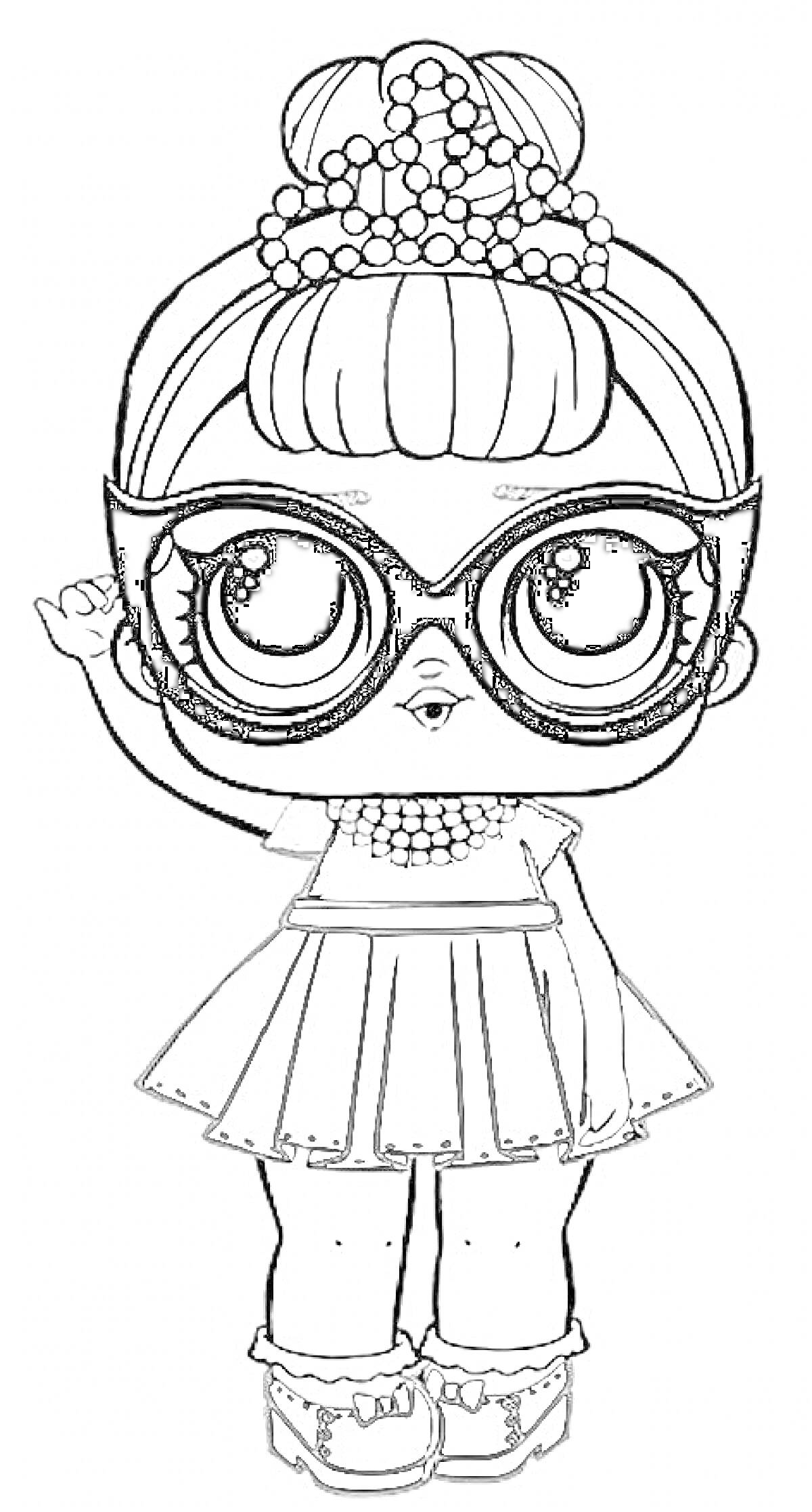 Раскраска Кукла Лол с большими очками, в платье и с прической с пучком