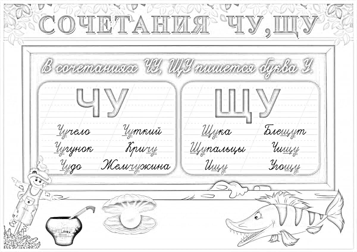 На раскраске изображено: 2 класс, Русский язык, Чу, ЩУ, Буква У, Школьная программа, Примеры слов, Журавль, Утюг, Жемчужина, Щука, Щупальцы, Защита