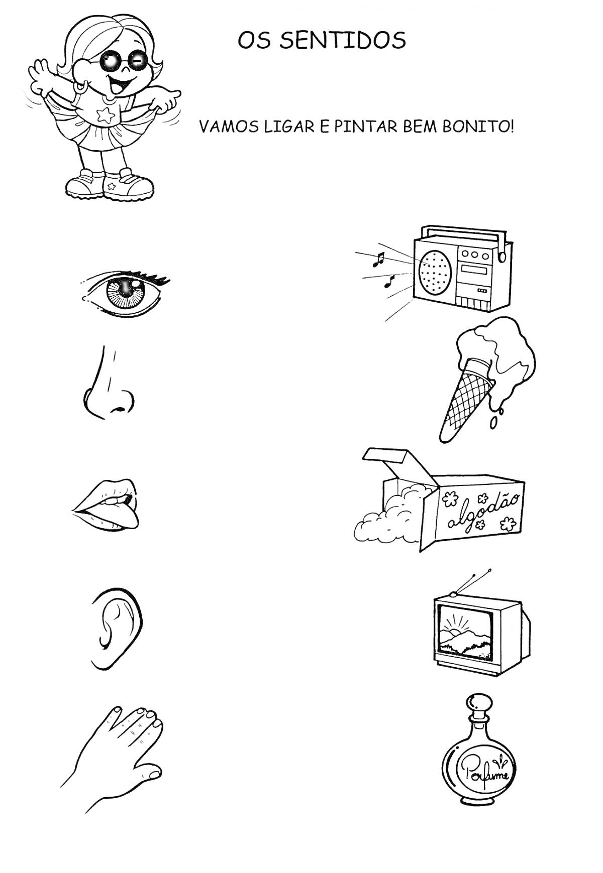 Раскраска Органы чувств - глаз, нос, рот, ухо, рука, музыка, мороженое, попкорн, телевизор, духи
