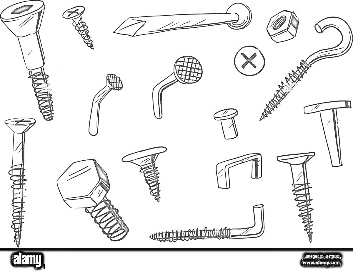 Винты, шурупы, болт, гайка и отвертка, нарисованные штрихами