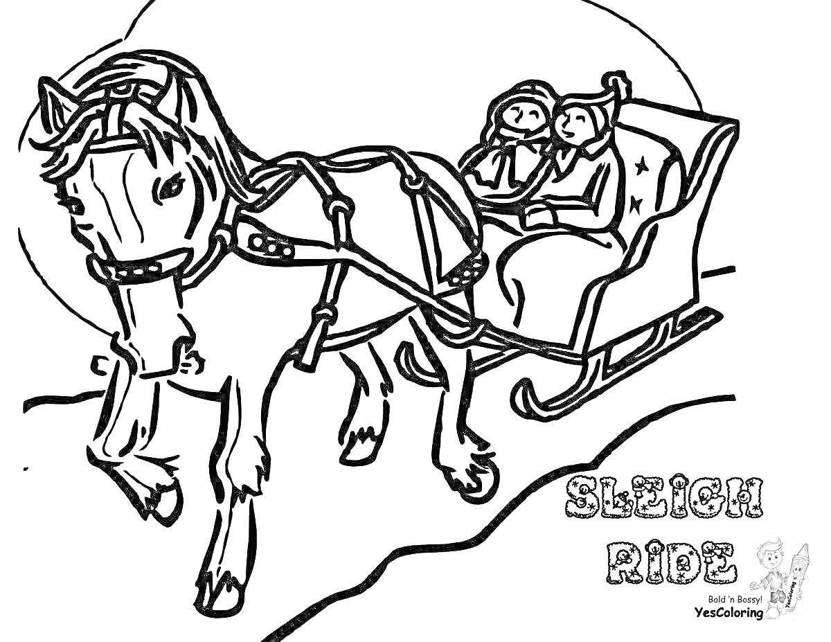Раскраска Лошадь с упряжью, везущая сани с двумя людьми. Надпись 