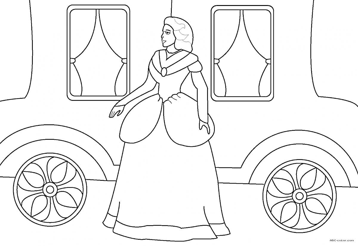 Раскраска Принцесса в карете с окнами и колесами