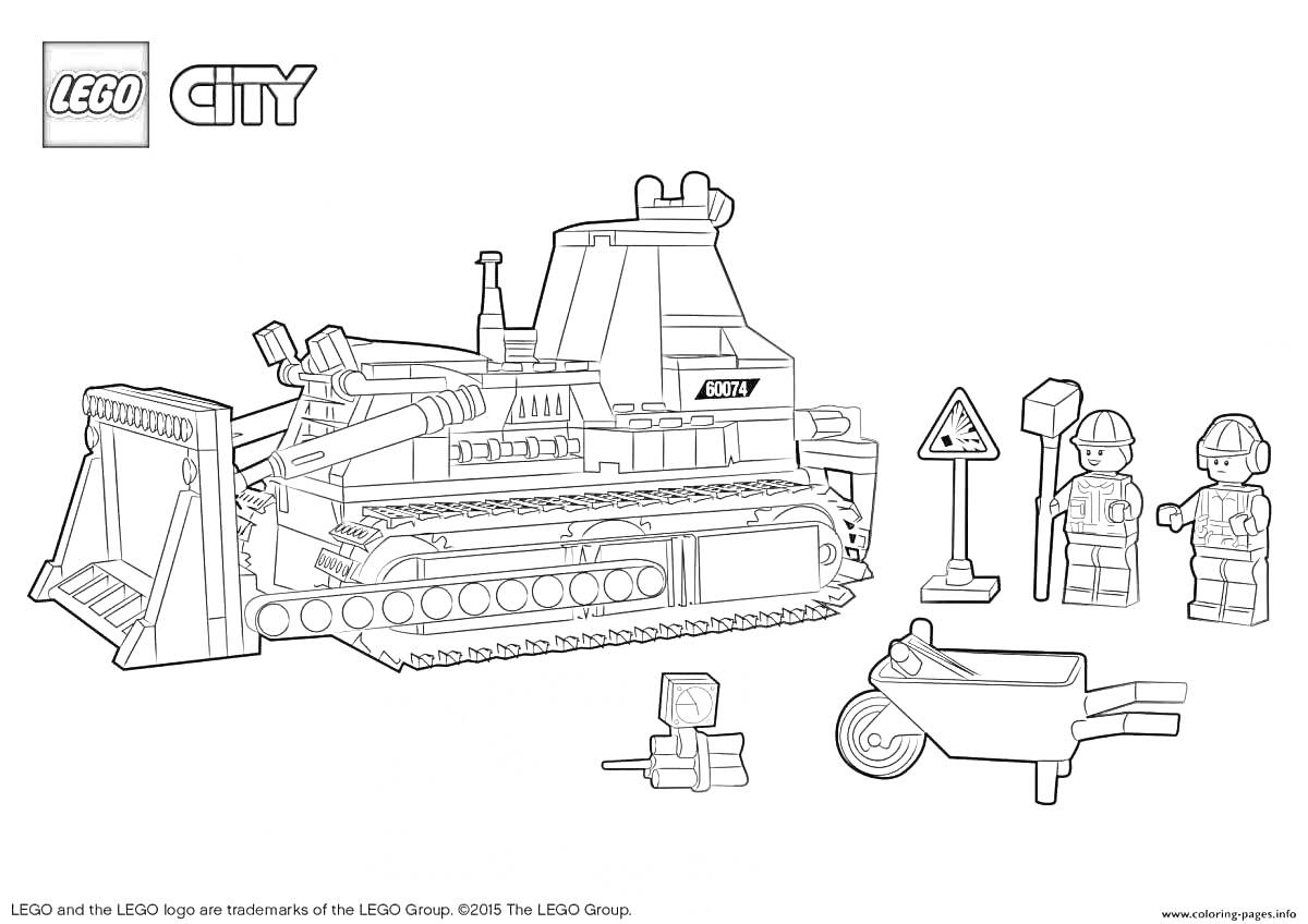 На раскраске изображено: Lego city, Строительная площадка, Бульдозер, Минифигурки, Дорожный конус