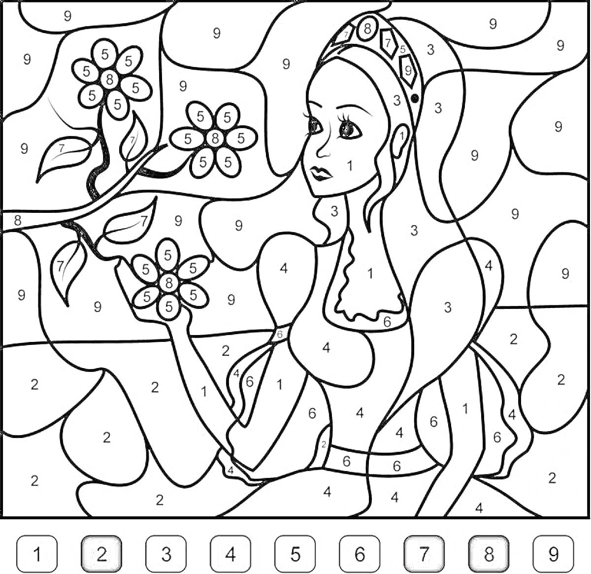 На раскраске изображено: Принцесса, Цветы, Игры для девочек, Для детей