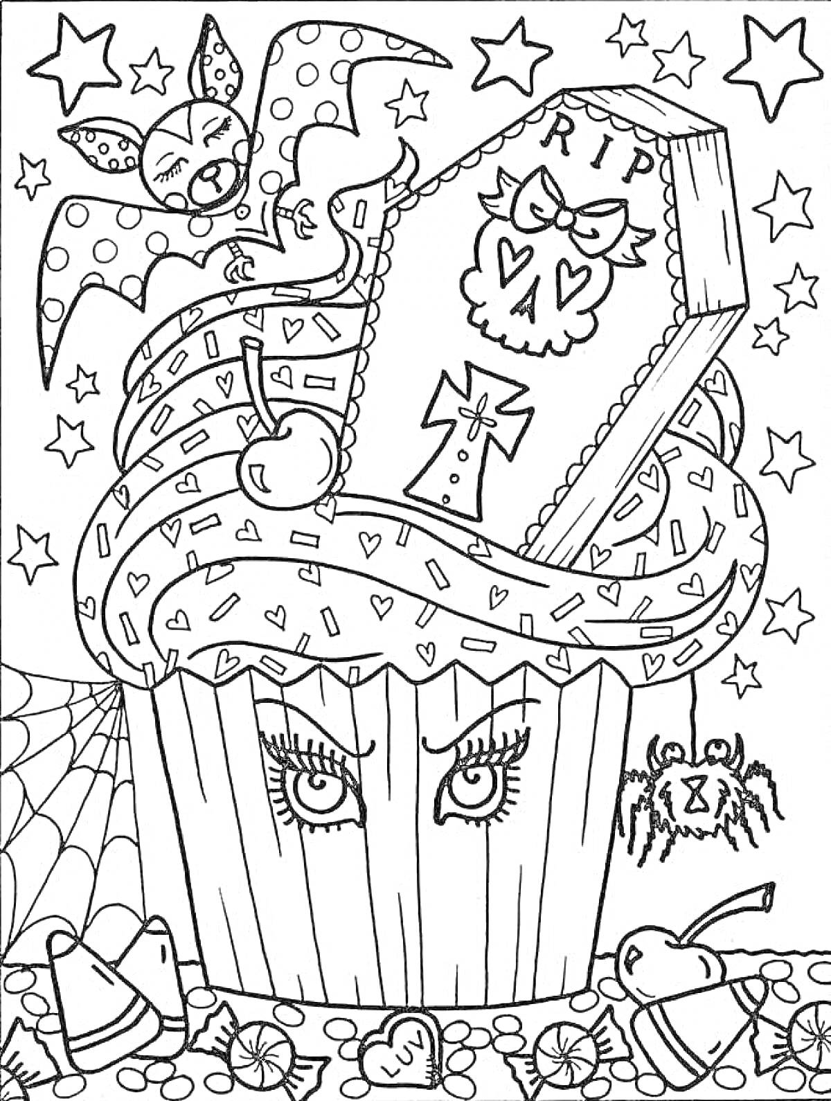 На раскраске изображено: Хэллоуин, Кекс, Гроб, Летучая мышь, Конфеты, Звезды, Паутина