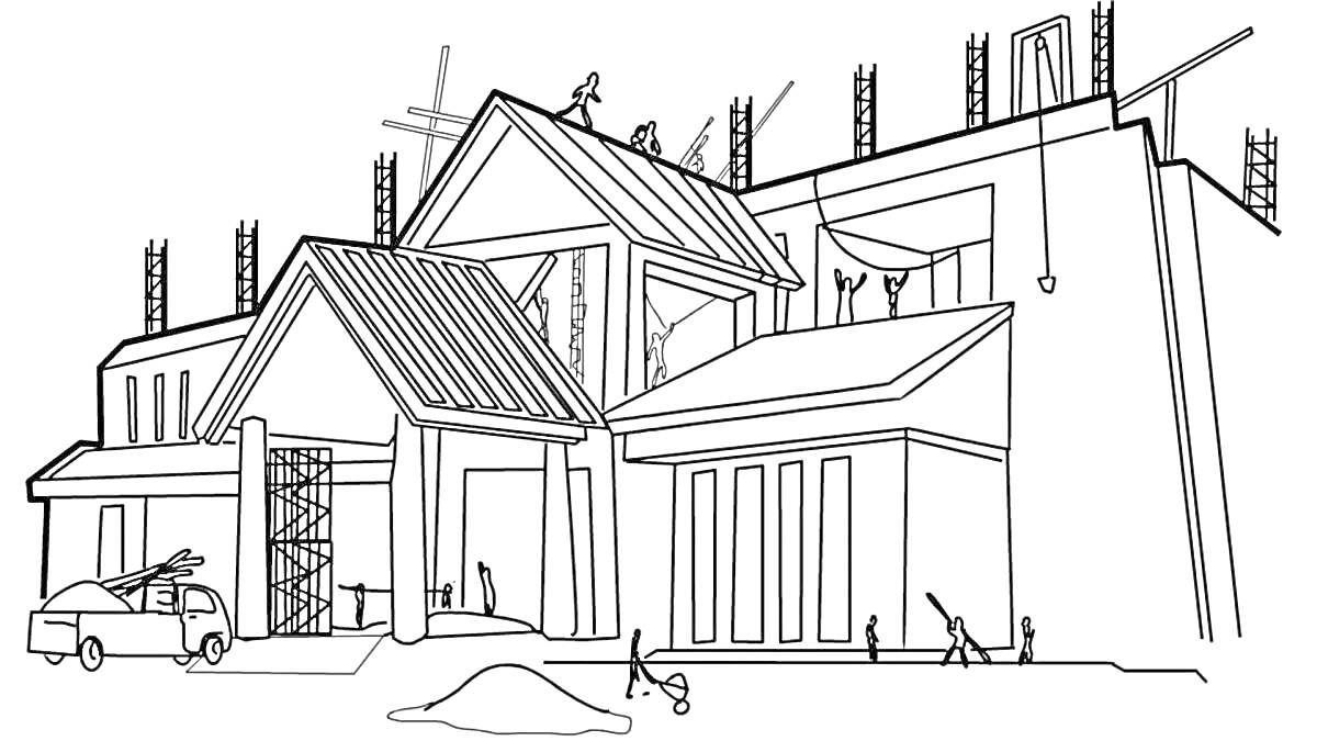 Раскраска Строительство дома с рабочими, грузовиком и строительными инструментами
