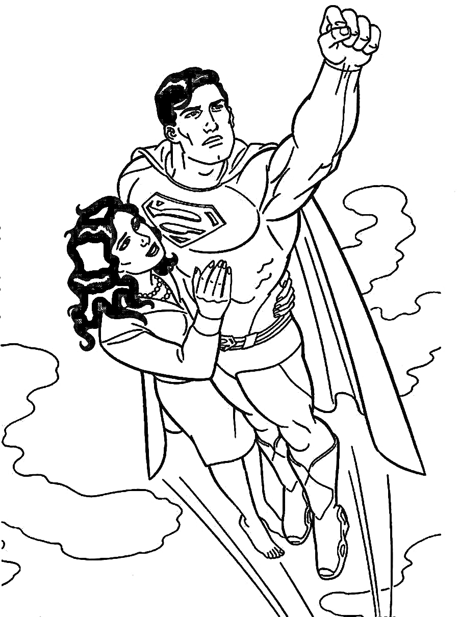 Раскраска Супермен с женщиной, взлетающий в небо, среди облаков