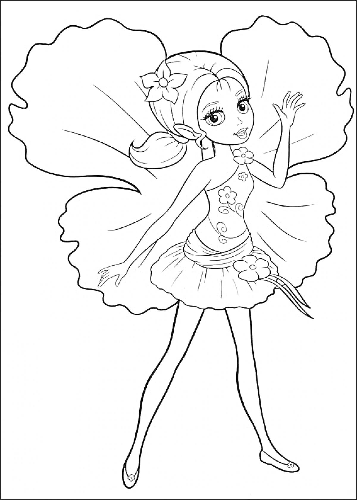 Раскраска Барби Дюймовочка с цветочными крыльями и цветком на платье