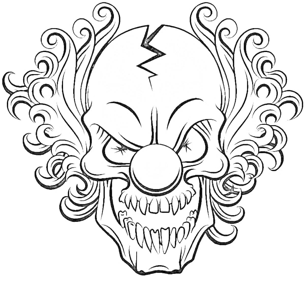 Раскраска Лицо злобного клоуна с курчавыми волосами, красным носом и оскаленными зубами