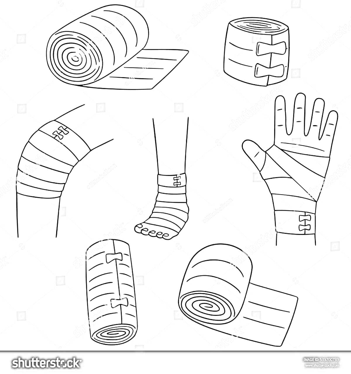 Раскраска бинты и перевязки для различных частей тела (рука, нога, стопа, колено, два свернутых бинта)