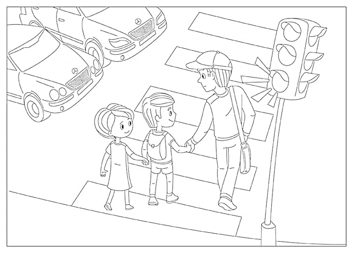 На раскраске изображено: Правила дорожного движения, Пешеходный переход, Светофор, Безопасность, Для детей, Авто, Для взрослых, Зебры