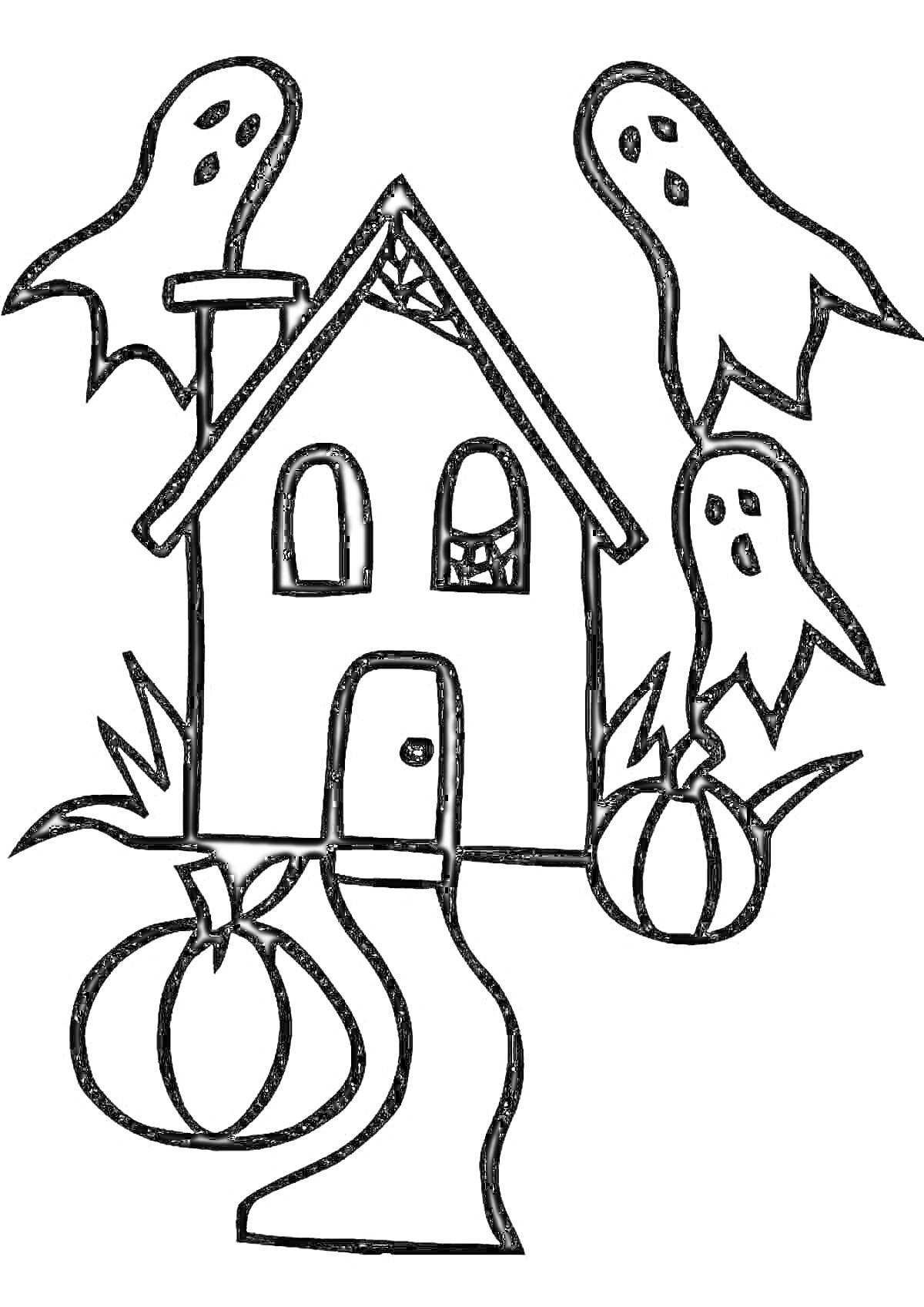 На раскраске изображено: Дом, Привидения, Паутина, Хэллоуин, Жуткий