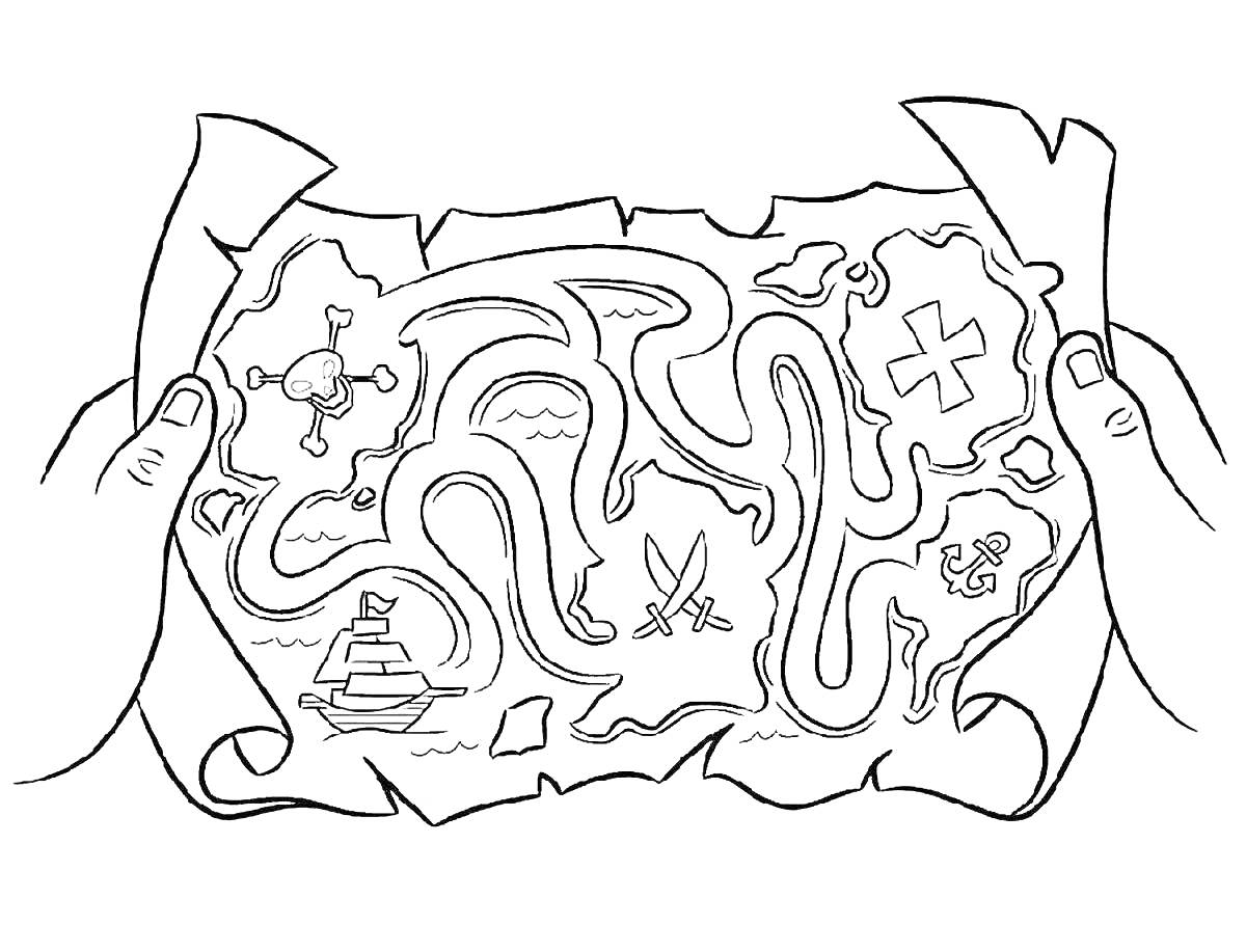 На раскраске изображено: Карта, Сокровища, Остров, Корабль, Компас, Пальцы, Руки, Нож