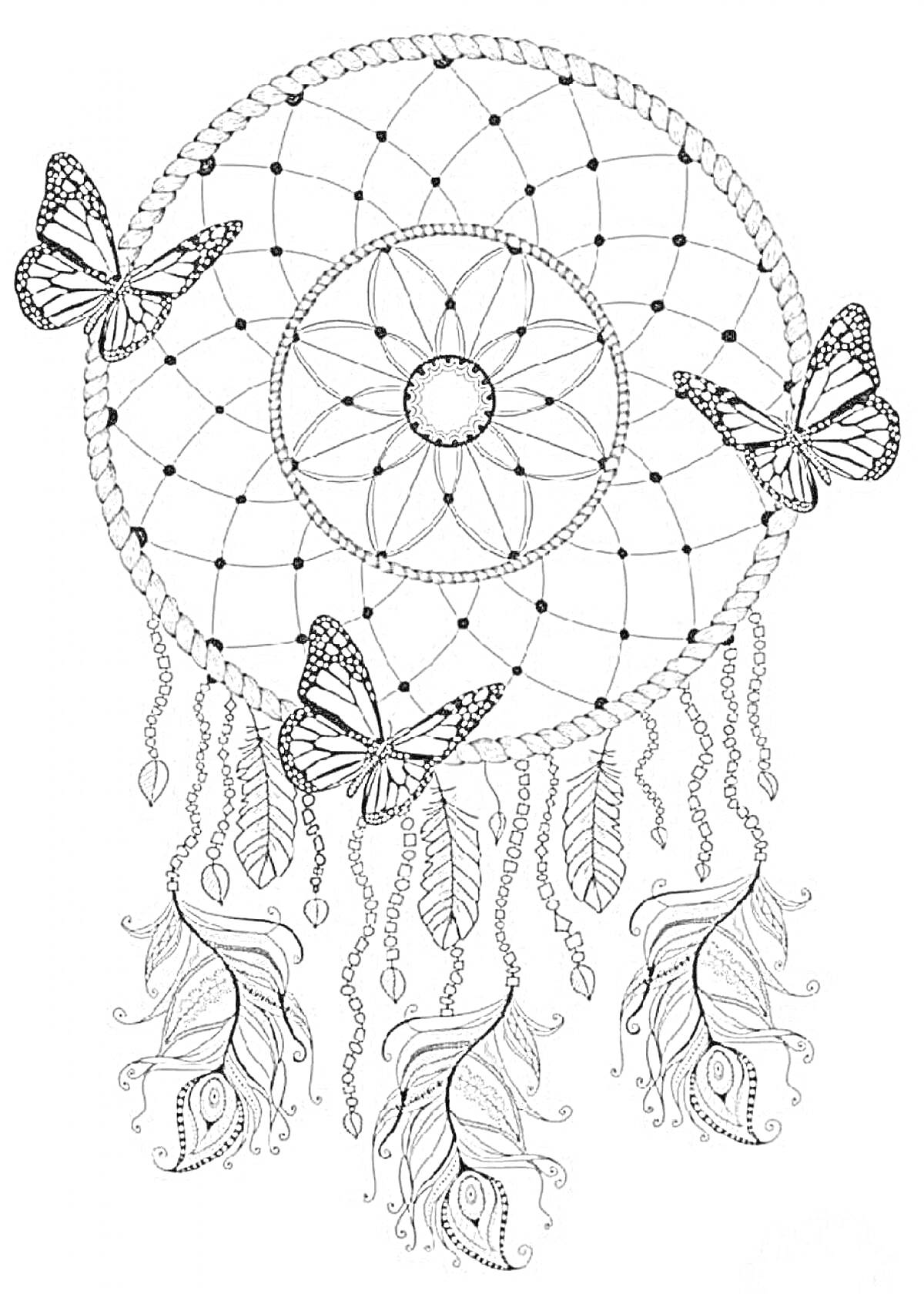 Раскраска Мандала ловец снов с бабочками и перьями