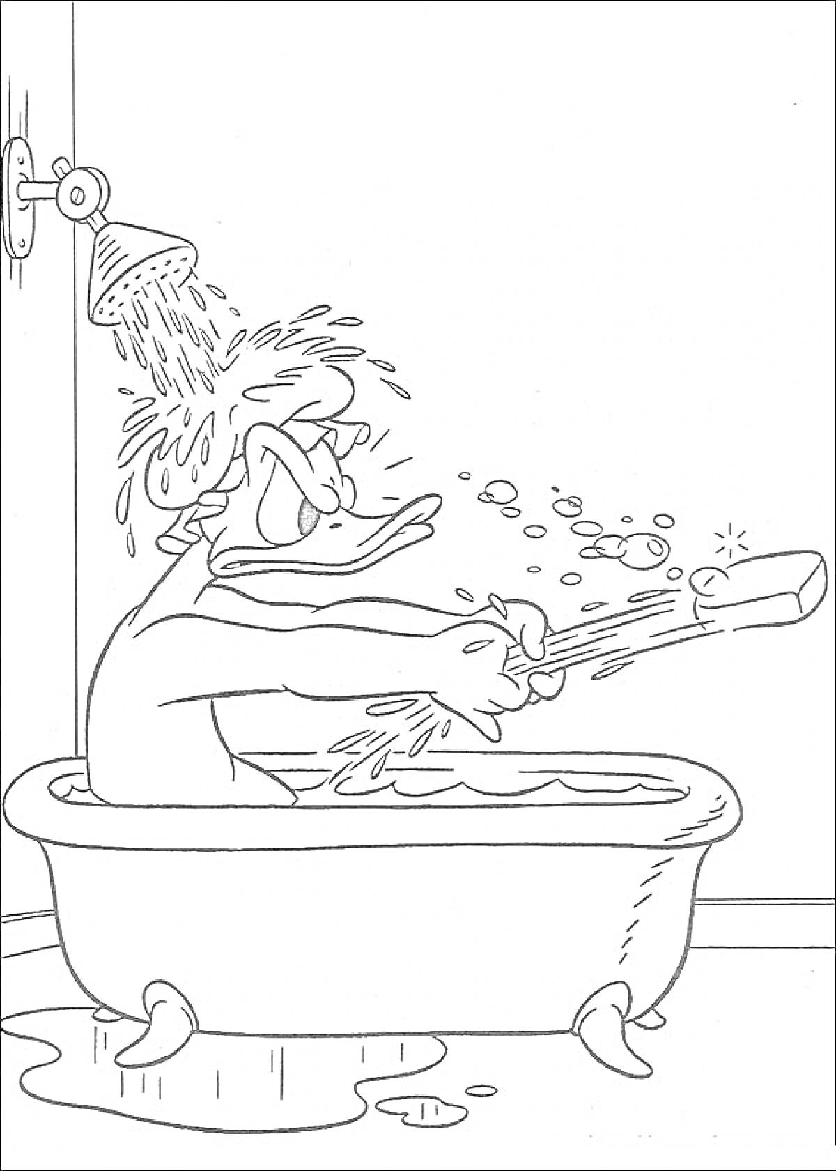 Раскраска Дональд Дак принимает ванну, сидя в ванне и держит в руках щетку, из душа льется вода, на полу лужа