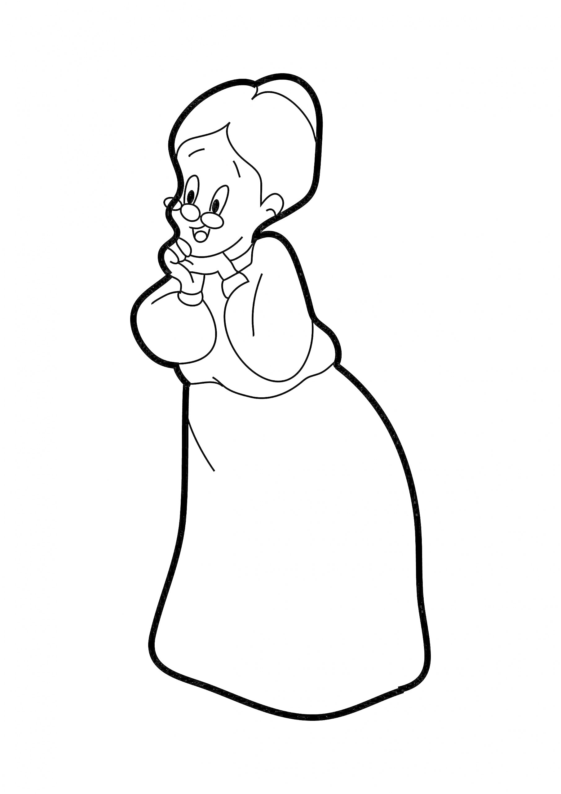 Раскраска Бабушка с очками в длинном платье, с седыми волосами, руки у лица