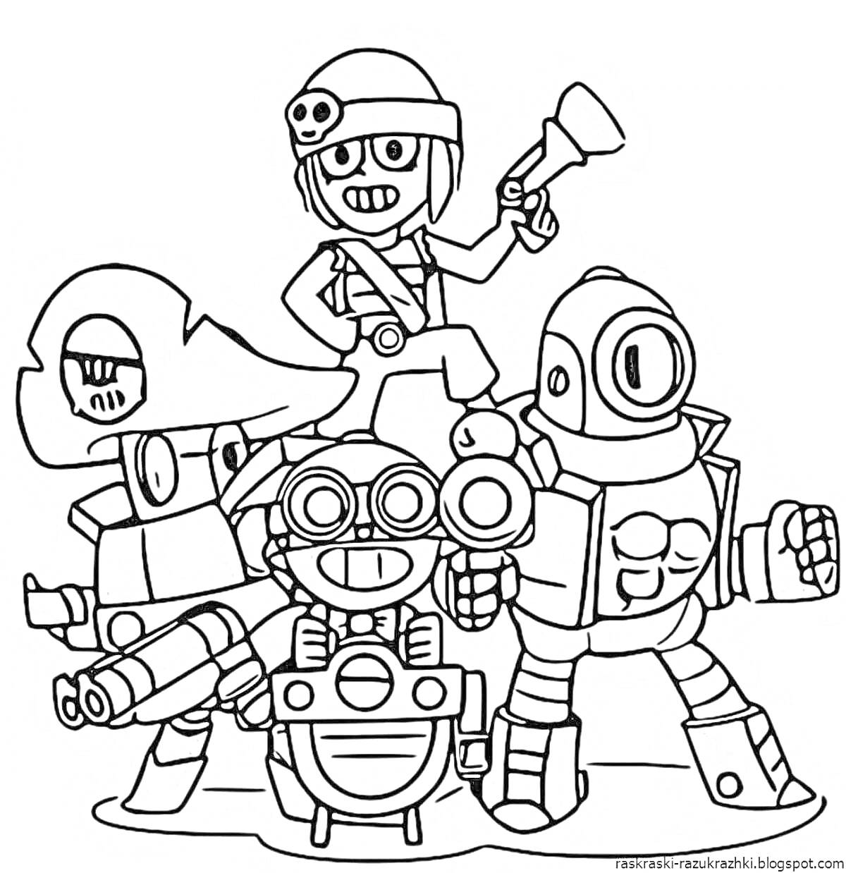 Раскраска Детские раскраски по мотивам Браво Старс с персонажами: Летающий робот, Персонаж с винтовкой, Робот с очками, Робот с круглыми глазами