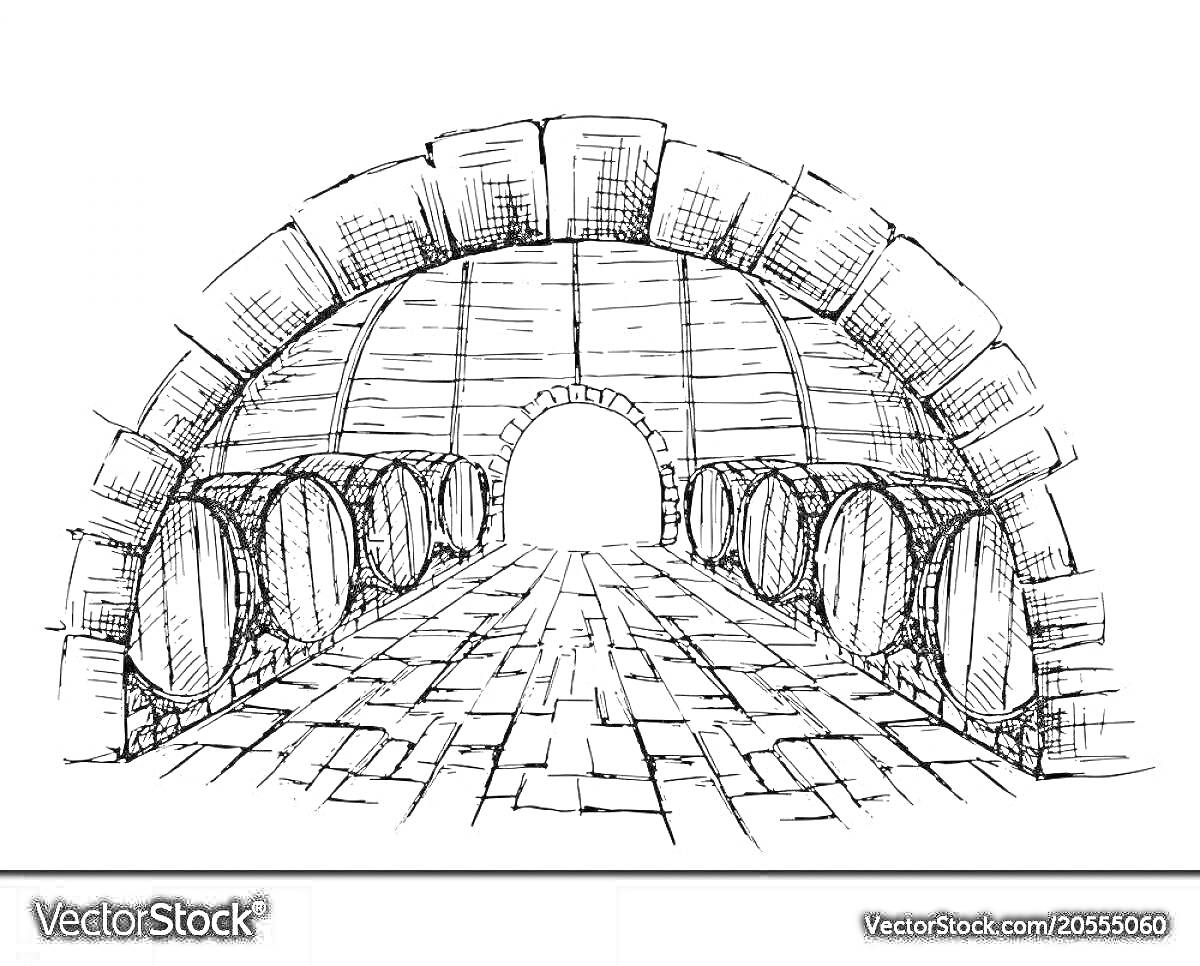 Раскраска Подвал с деревянными бочками и арочным кирпичным потолком