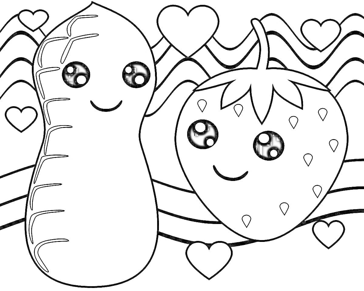 Раскраска Арахис и клубника с глазами на фоне сердец и волнистых линий