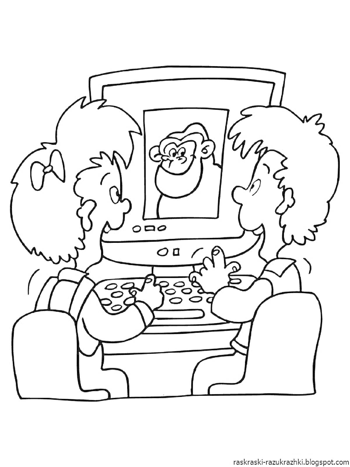 Раскраска Дети за компьютером с изображением обезьяны на экране
